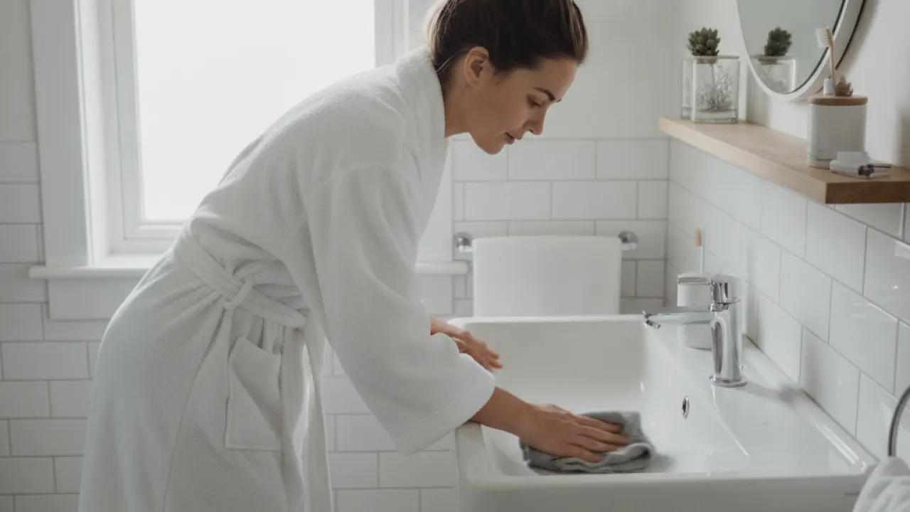 Person wiping bathroom sink during morning routine