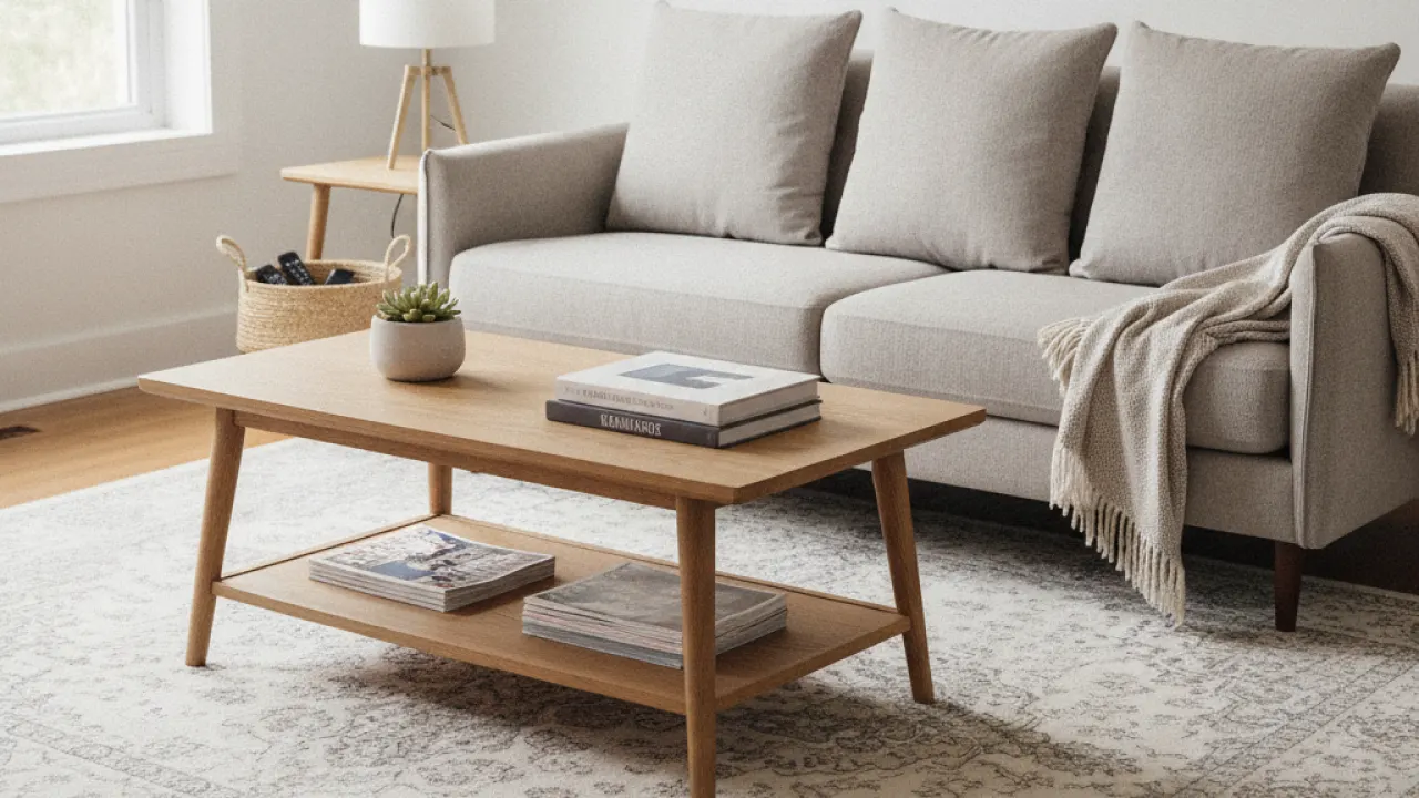 Organized living room with storage baskets and clear surfaces