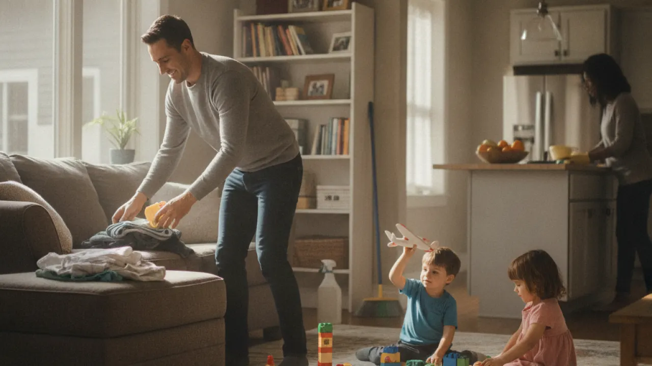 Busy parent tidying home while children play, practical cleaning habits