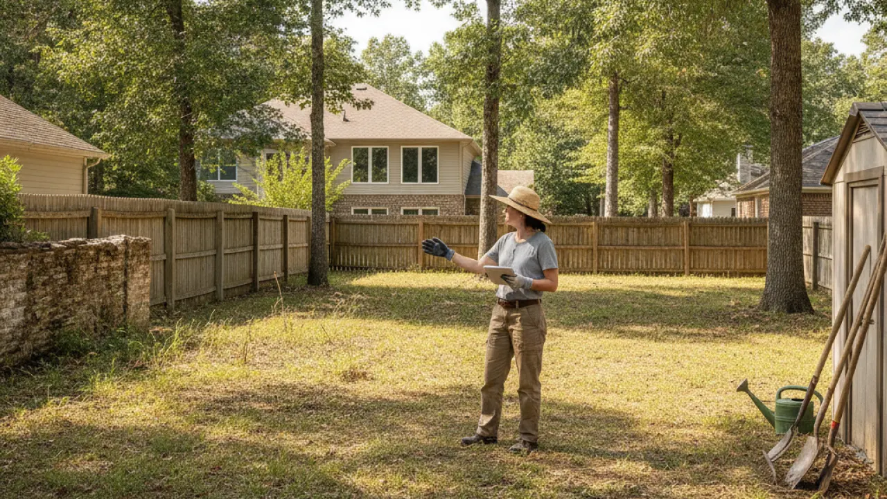 Person choosing a sunny spot in the backyard for a vegetable garden