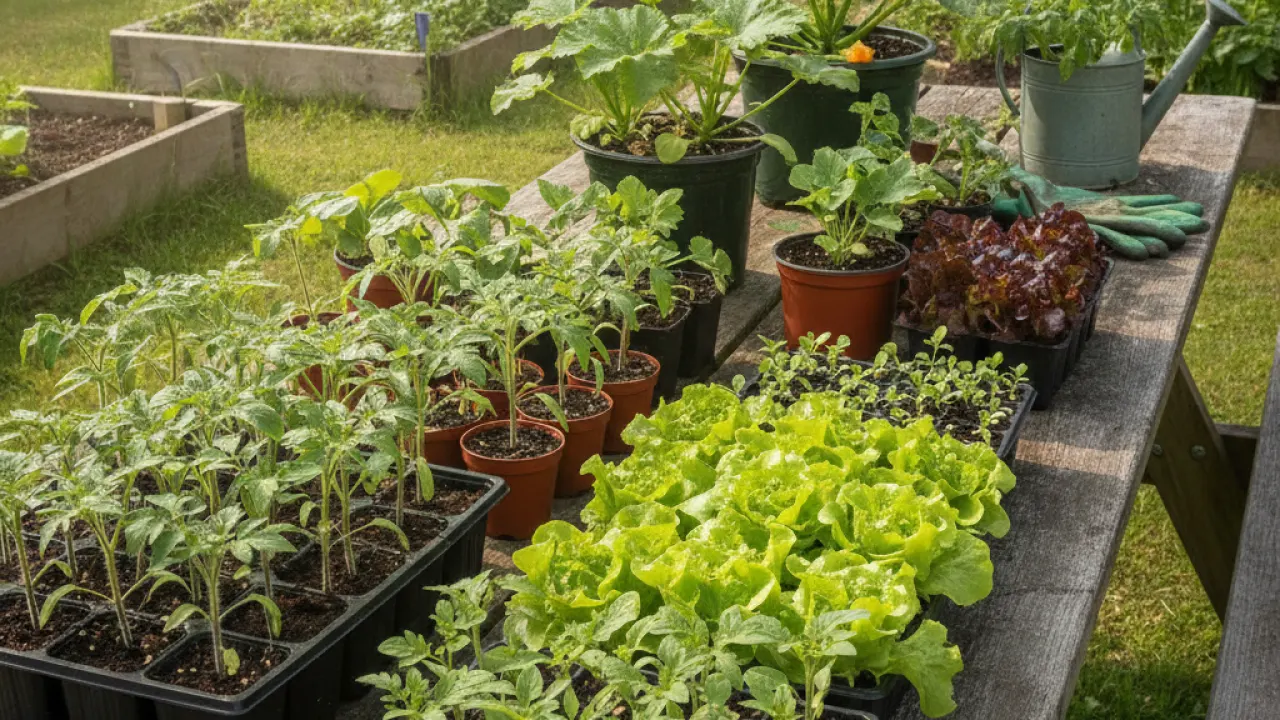 Bag of compost and hand tools next to a prepared raised bed