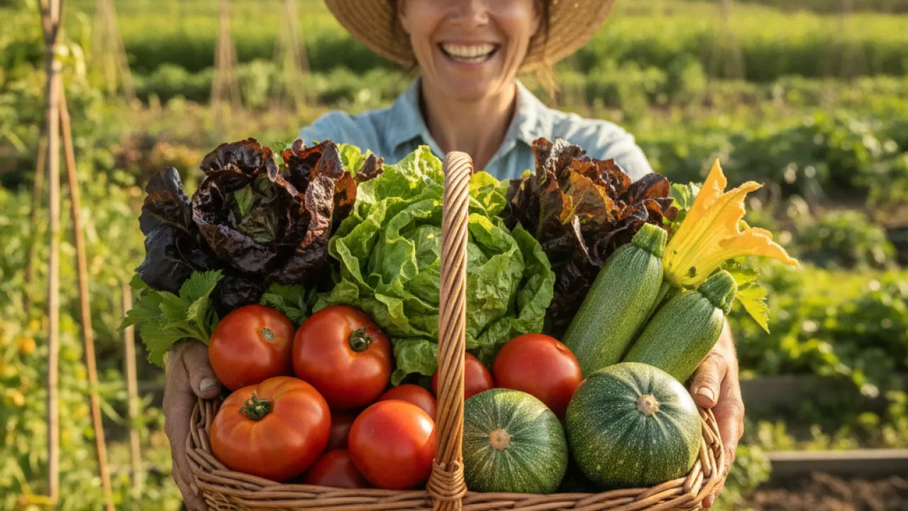 Watering young vegetable plants in raised beds with a watering can