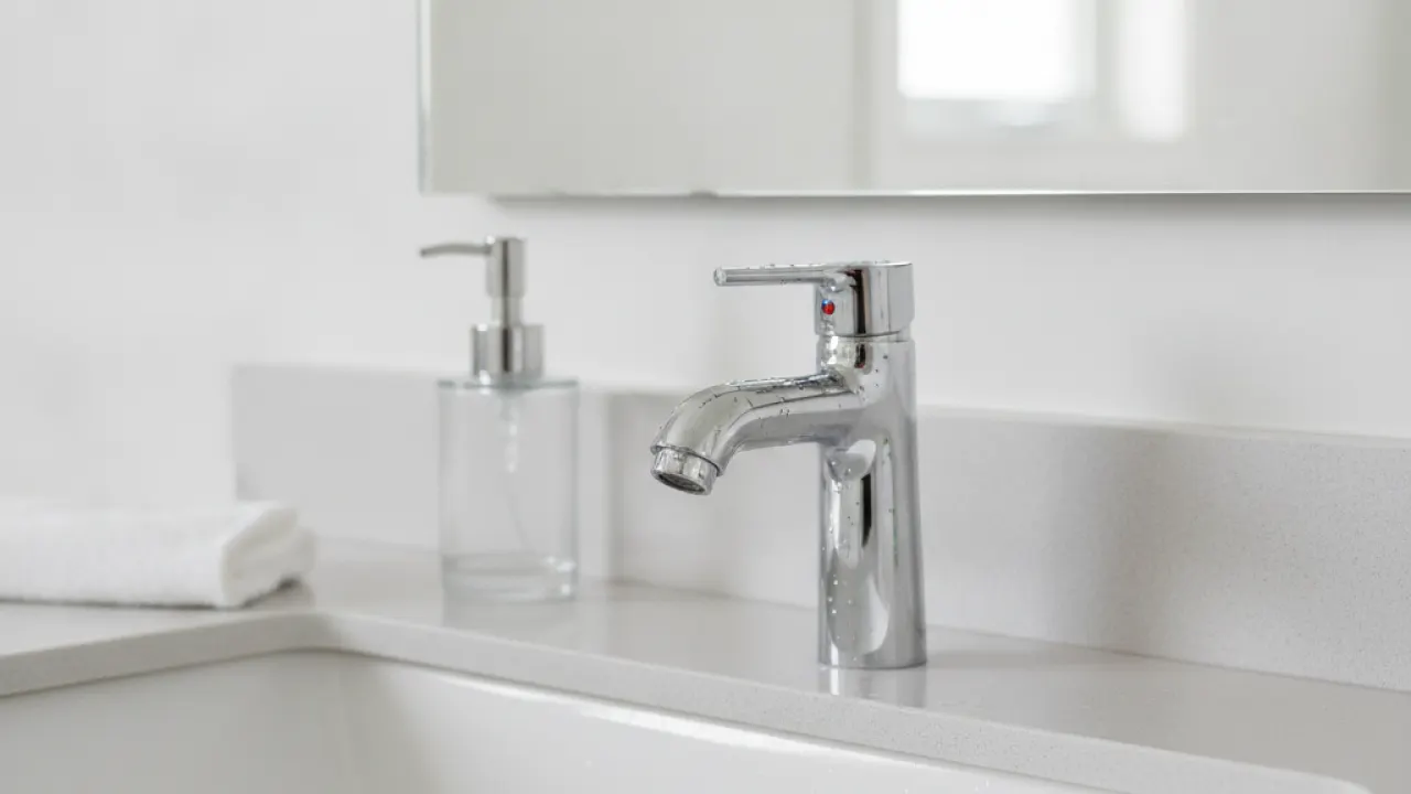 Clean bathroom sink with shiny tap and clear mirror