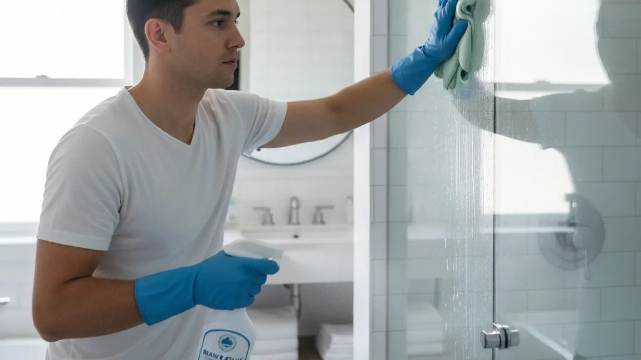 Person wiping shower glass and tiles quickly with spray bottle