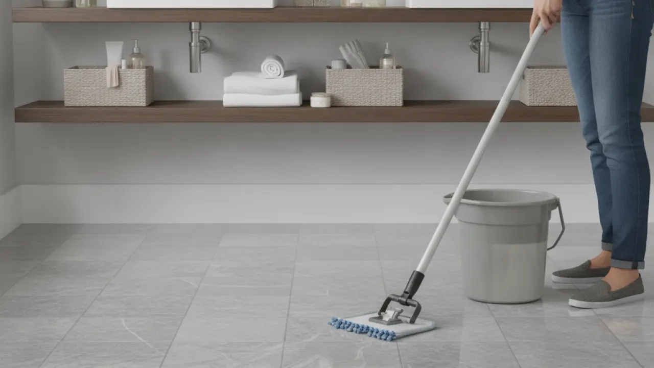 Bathroom floor being mopped after cleaning, clean tiles