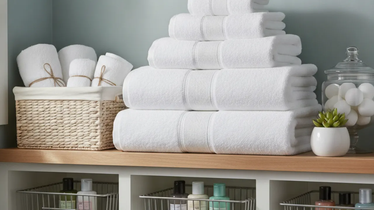 Fresh clean towels folded neatly on a bathroom shelf