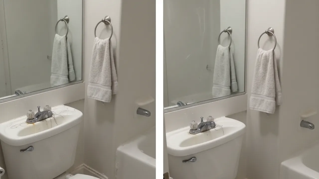 Before and after bathroom cleaning, spotless toilet sink and mirror