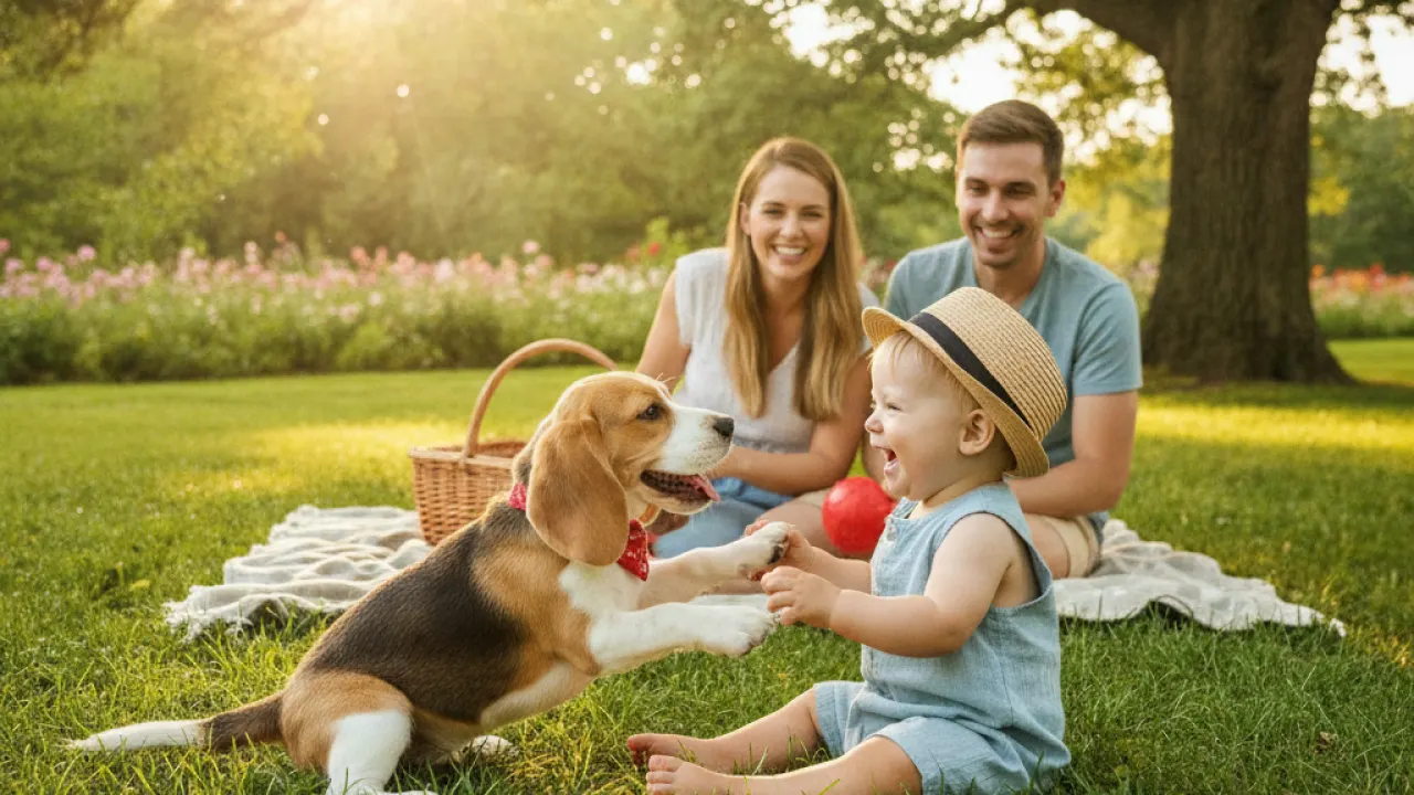 Beagle puppy playing with a toddler on grass