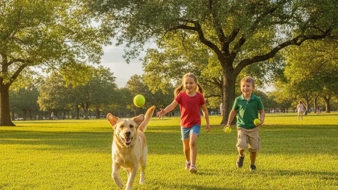 Labrador retriever playing fetch with children in a park