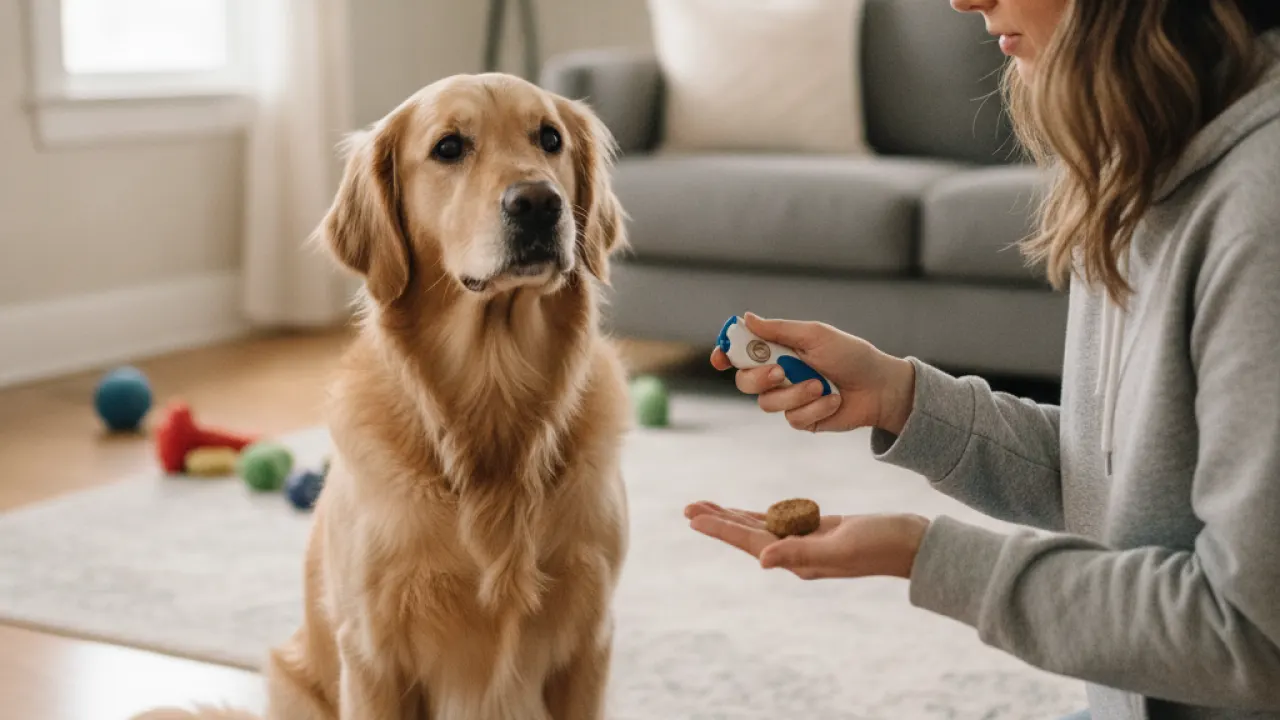 Person holding a treat during positive reinforcement dog training at home