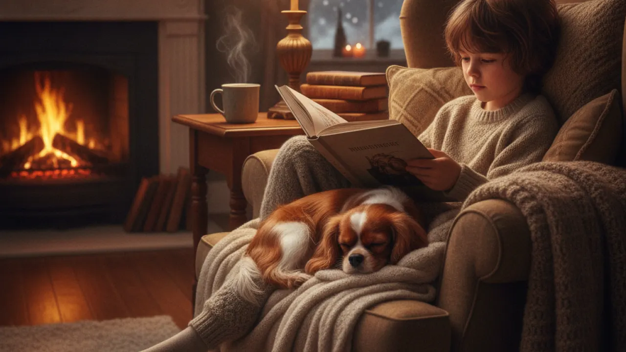 Cavalier King Charles Spaniel beside a child reading a book