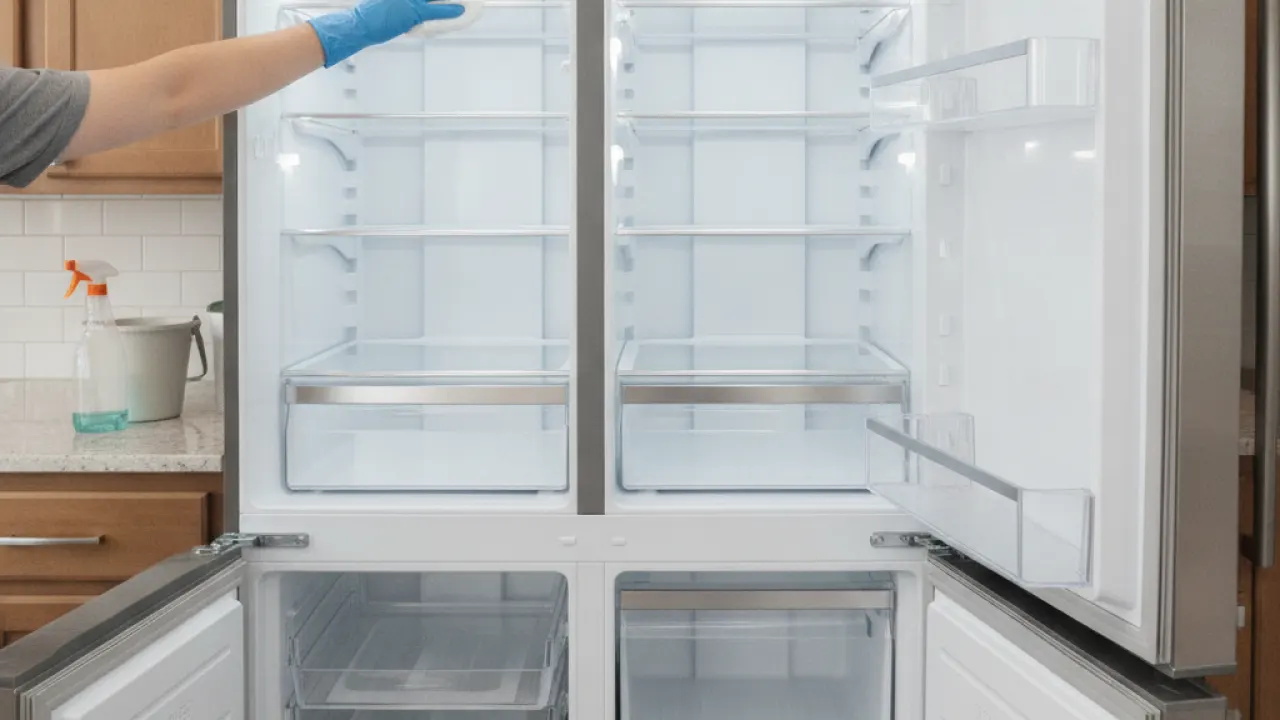 Kitchen refrigerator being cleaned inside, shelves wiped down