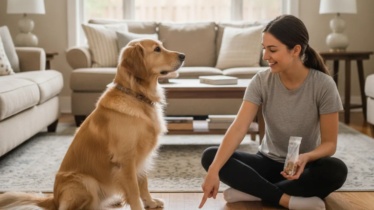 Dog learning to sit on command from owner at home