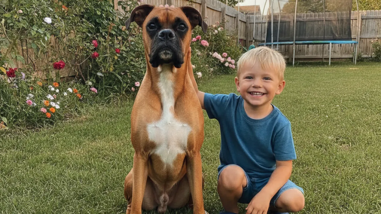 Boxer dog sitting with a smiling child in a backyard