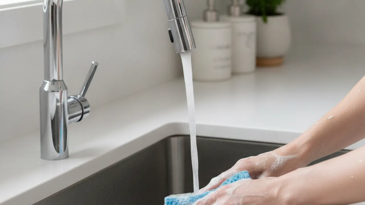 Kitchen sink and faucet being scrubbed clean, shining chrome tap