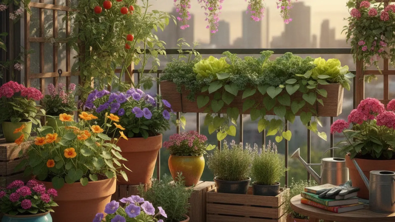 Colorful container garden on a balcony with flowers and vegetables in pots