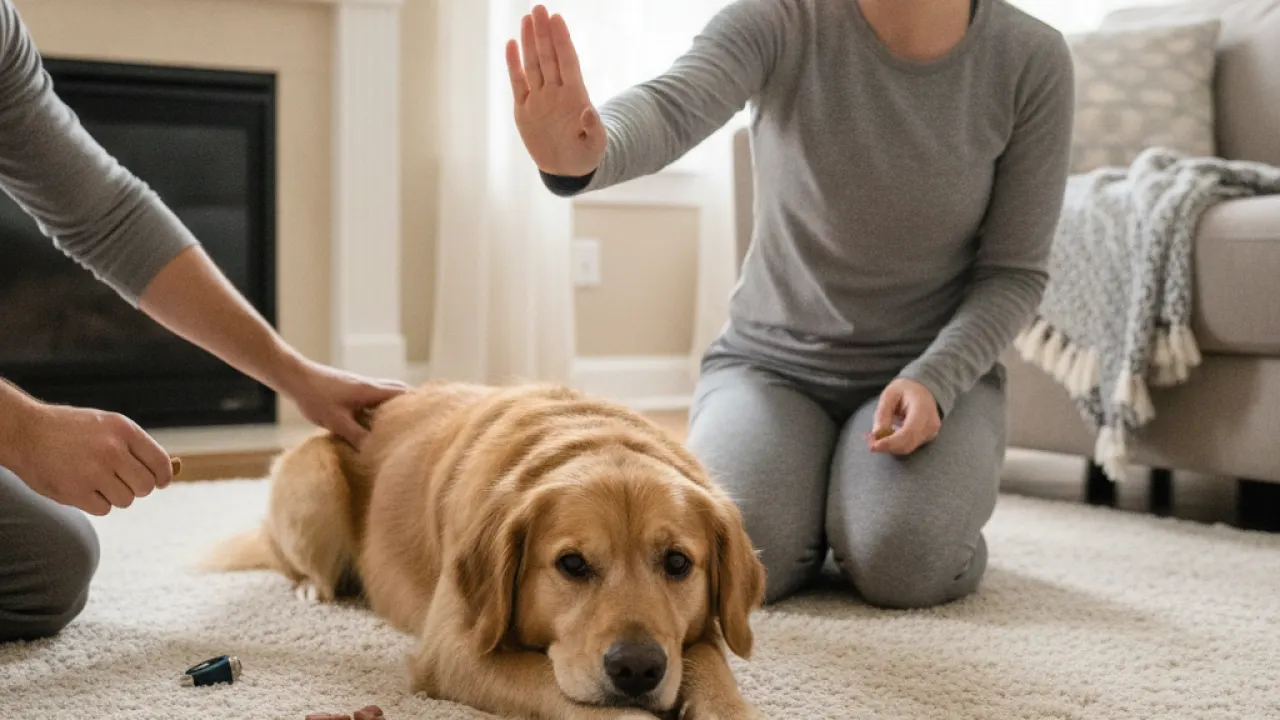 Dog lying down on command during home training session