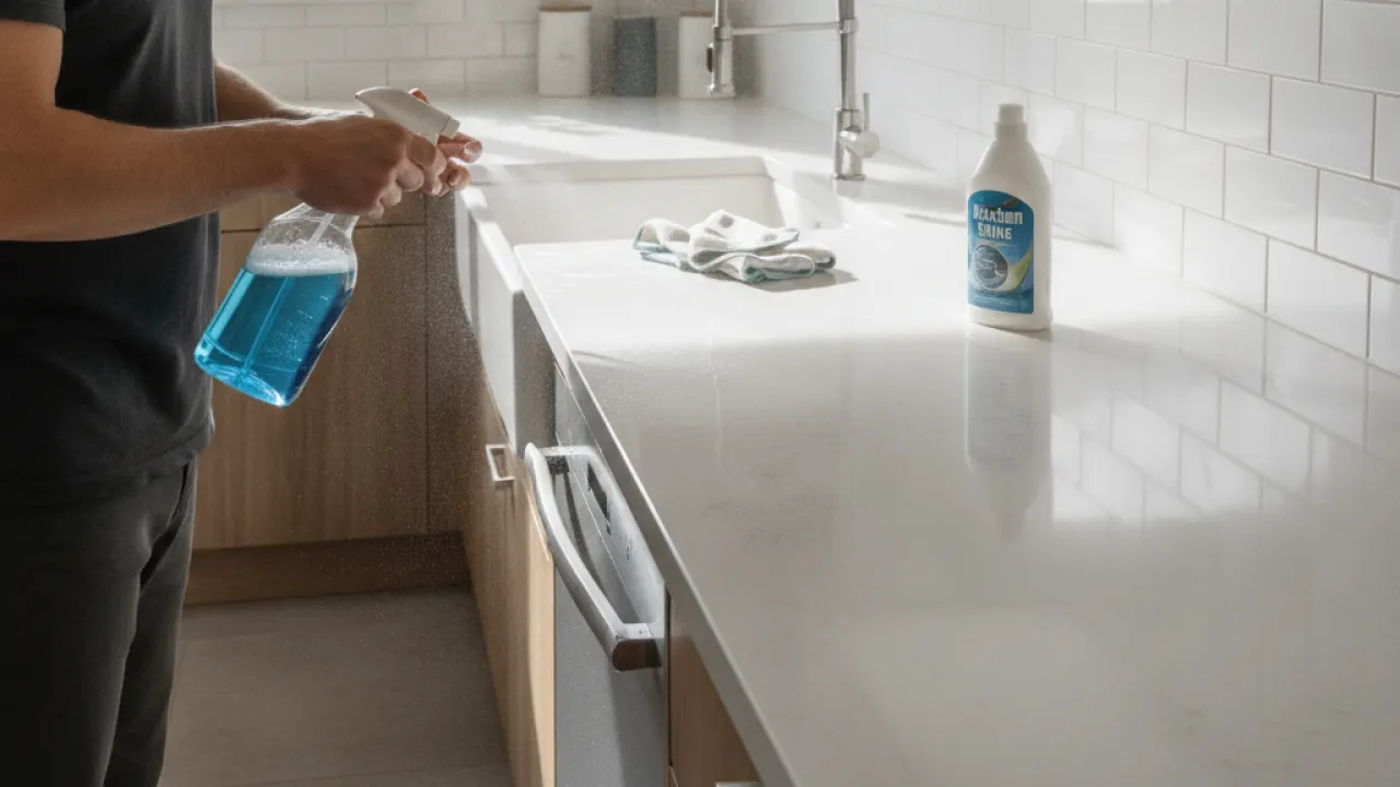 Person degreasing kitchen countertops and backsplash, spray bottle and cloth