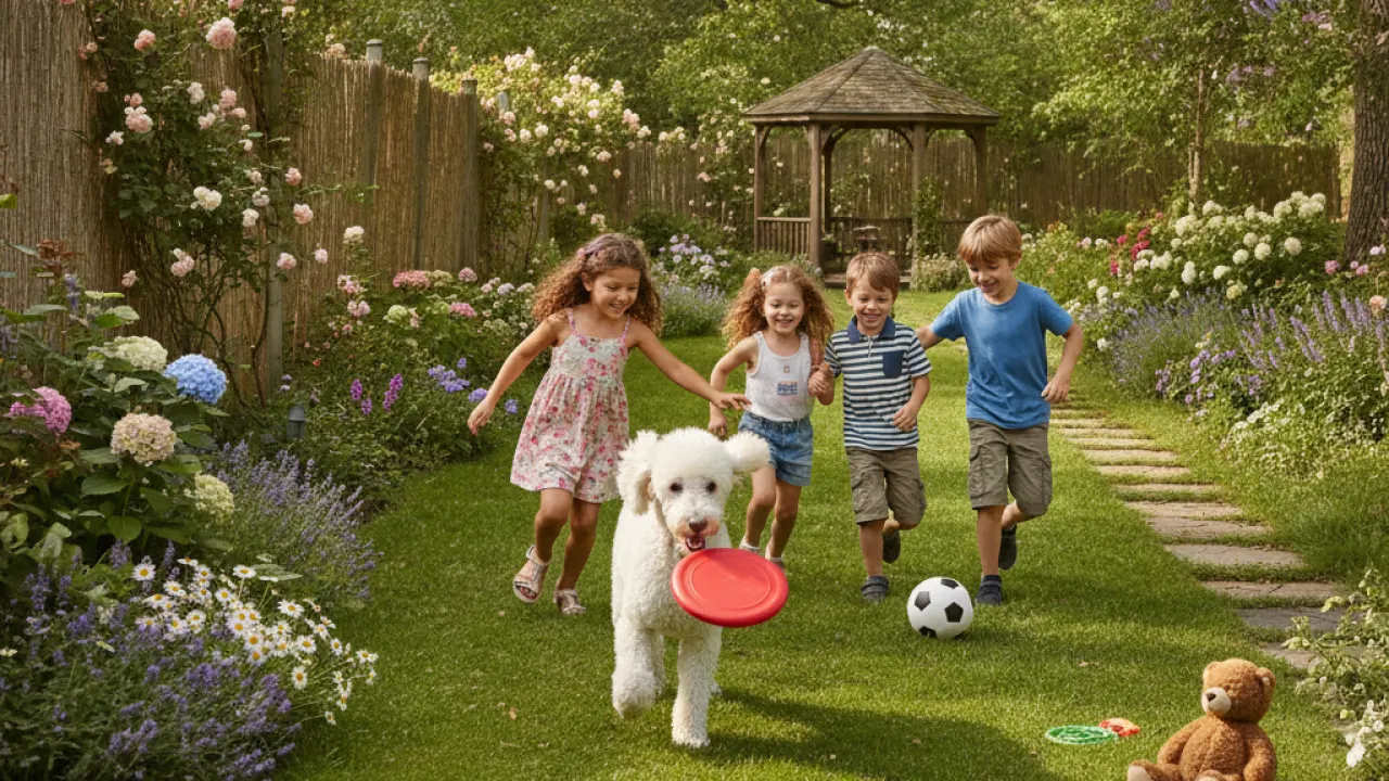 Poodle playing with children in a garden