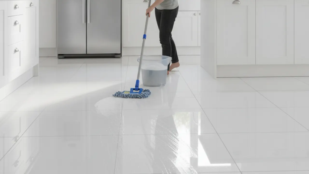 Kitchen floor being mopped thoroughly after deep clean