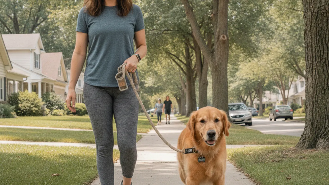 Dog walking calmly on a leash beside owner during training
