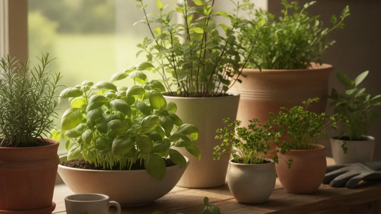 Row of different sized containers with herbs basil mint and parsley growing