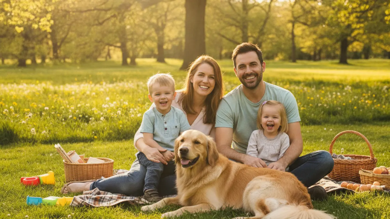 Family sitting in a park with their golden retriever