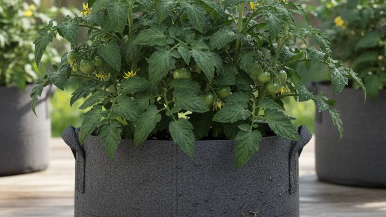 Close-up of healthy tomato plants growing in a fabric grow bag container