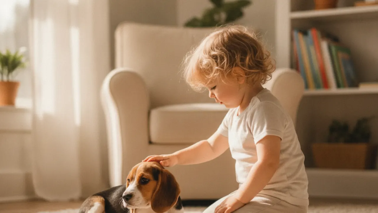 Child petting a calm beagle puppy at home