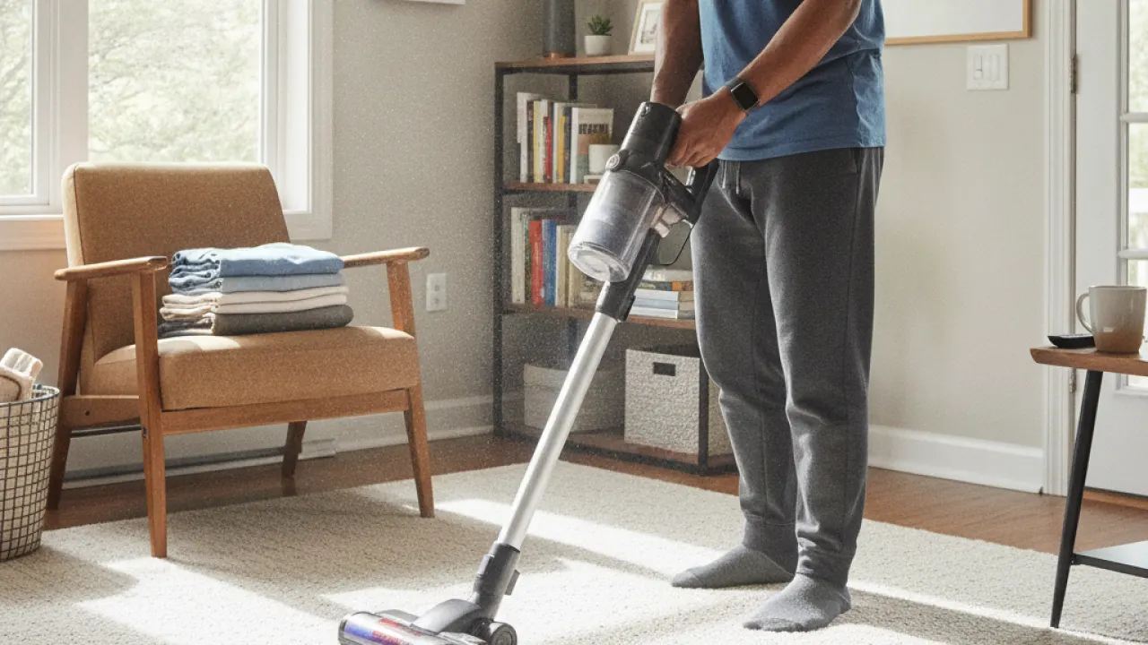 Person vacuuming living room on a scheduled cleaning day
