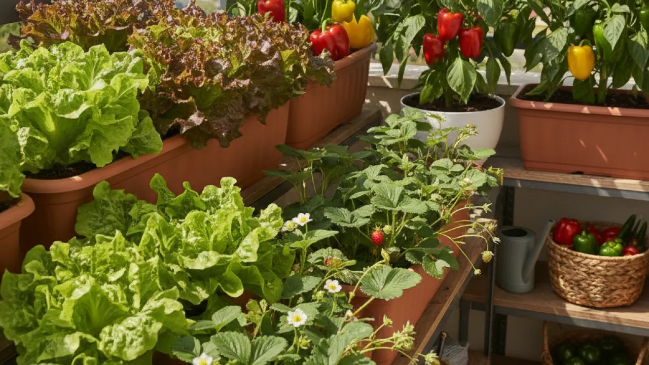 Balcony container garden showing lettuce strawberries and peppers in pots