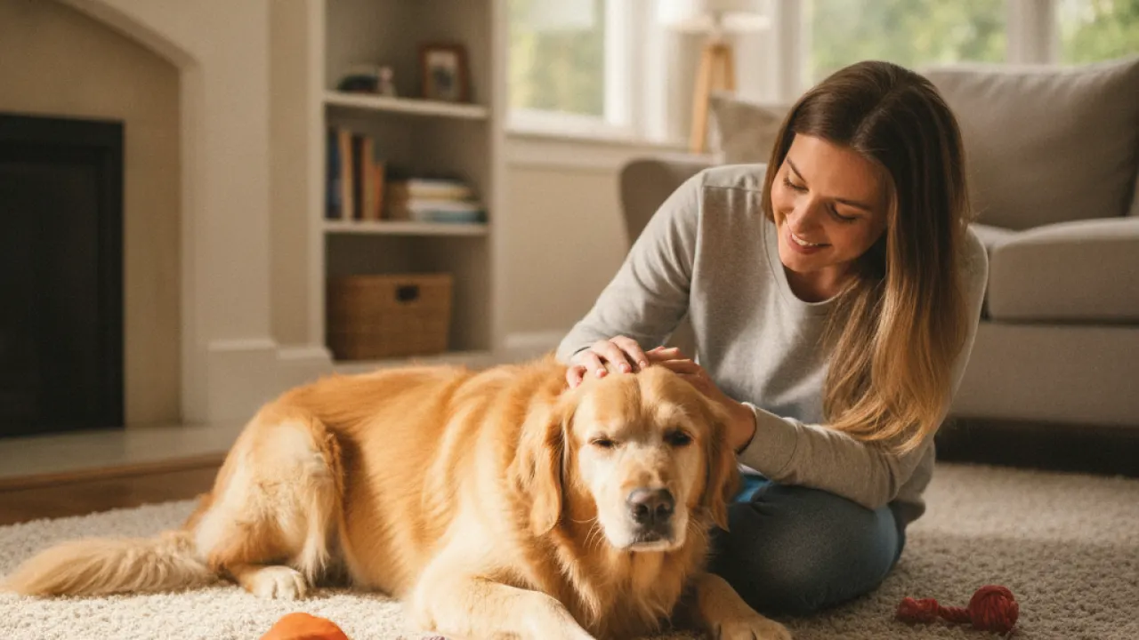 Dog and owner bonding after successful home training session