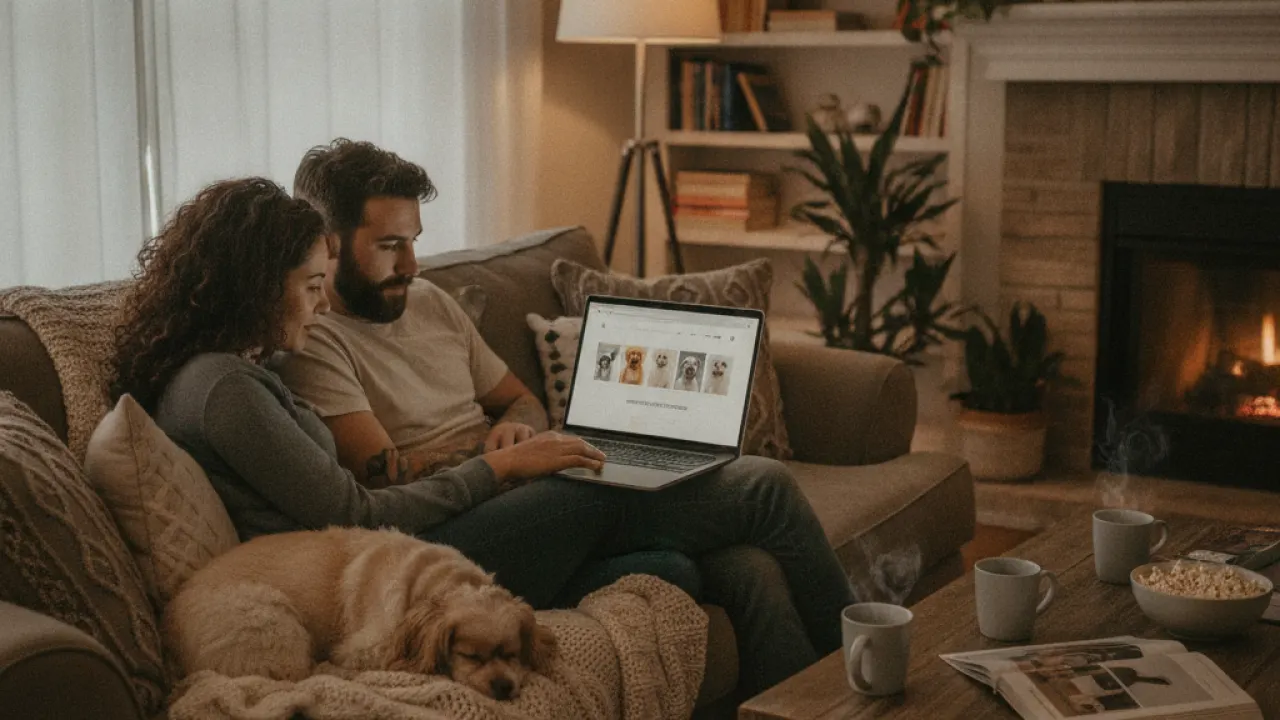 Couple researching dog breeds on a laptop with small dog nearby