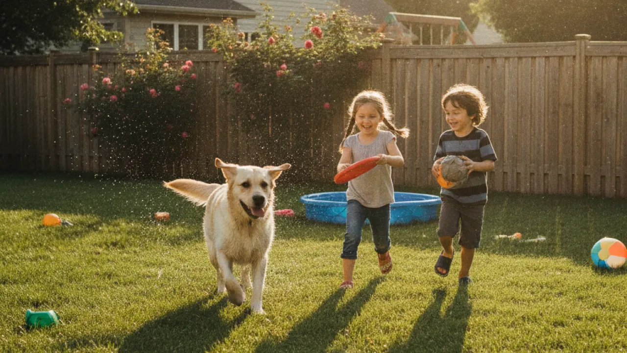 Labrador playing energetically in backyard with children