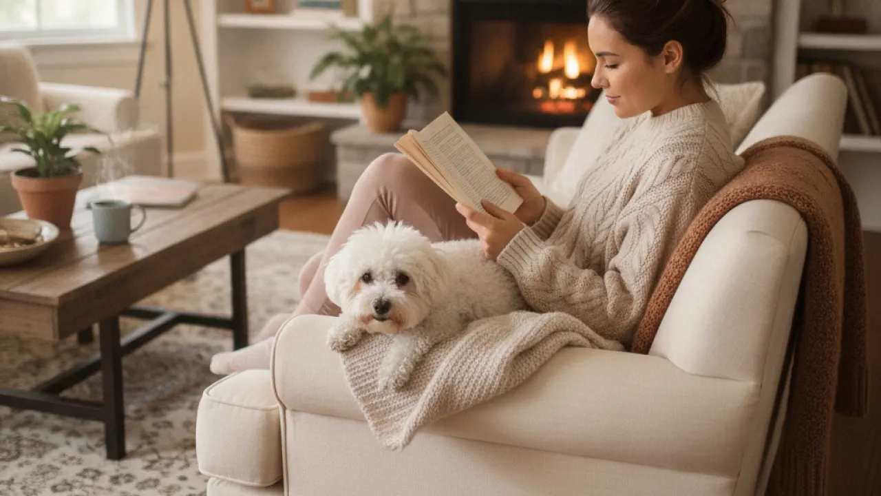 Bichon frise sitting calmly with its owner