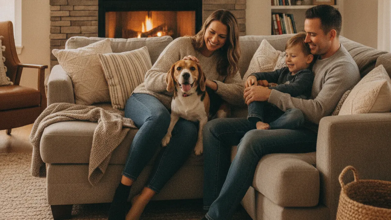Beagle sitting with a family inside a cozy home