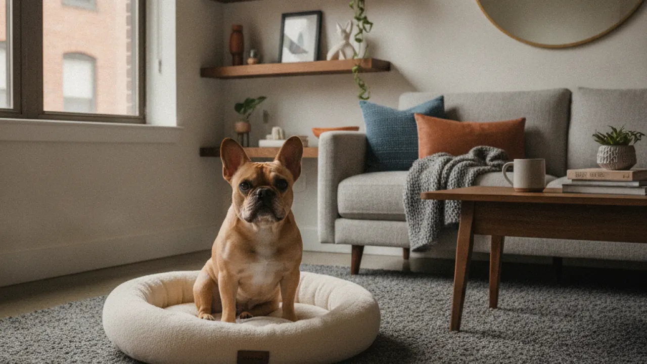 French Bulldog sitting calmly in an apartment on a dog bed