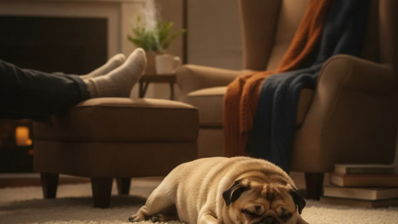 Pug resting indoors near its owner