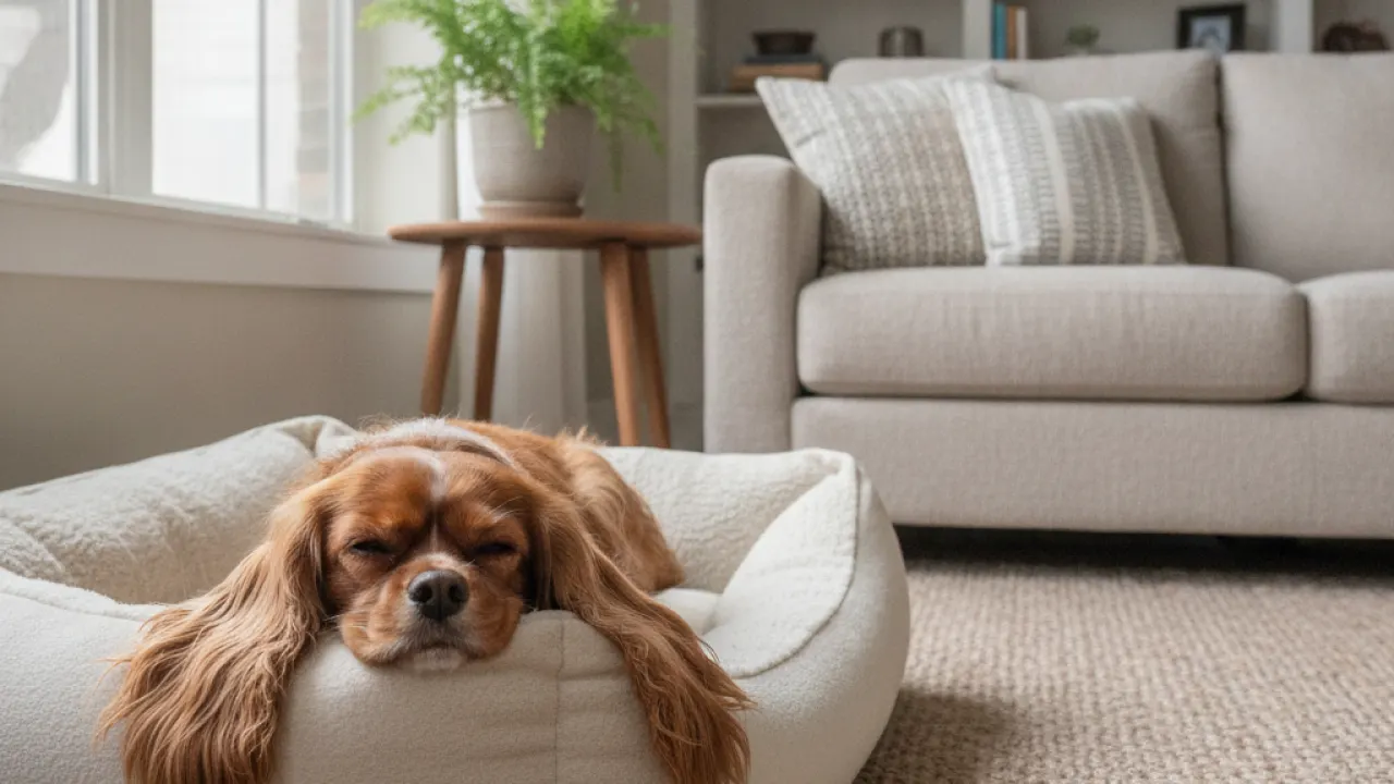 Cavalier King Charles Spaniel resting on a dog bed in an apartment