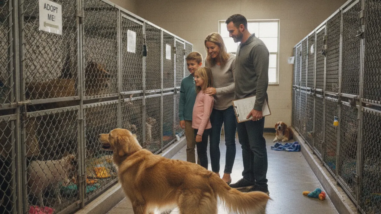 Family at a dog shelter looking at dogs in kennels