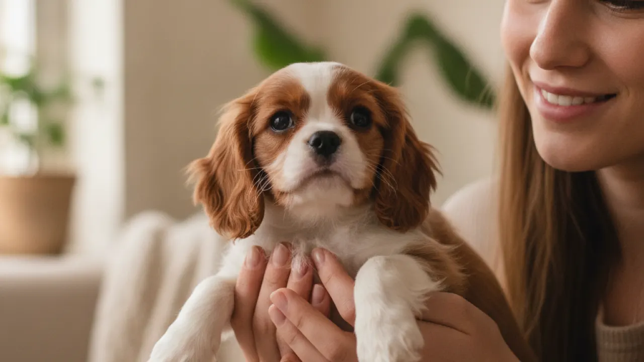 Cavalier King Charles Spaniel puppy being held gently
