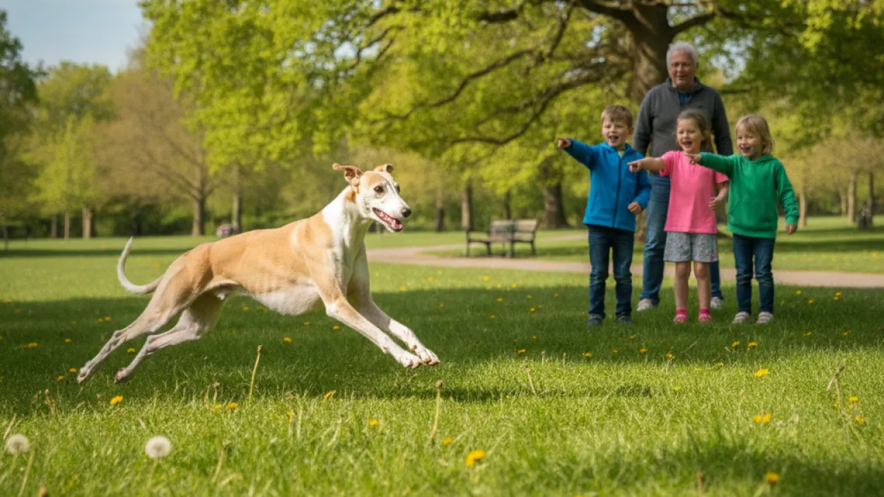 Whippet running in a grassy park with children watching