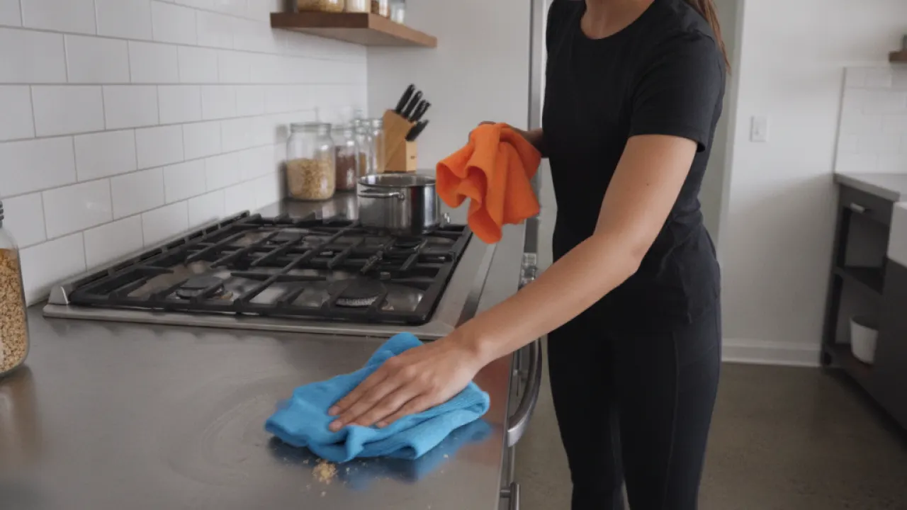 Person using microfibre cloth to wipe down kitchen surfaces efficiently