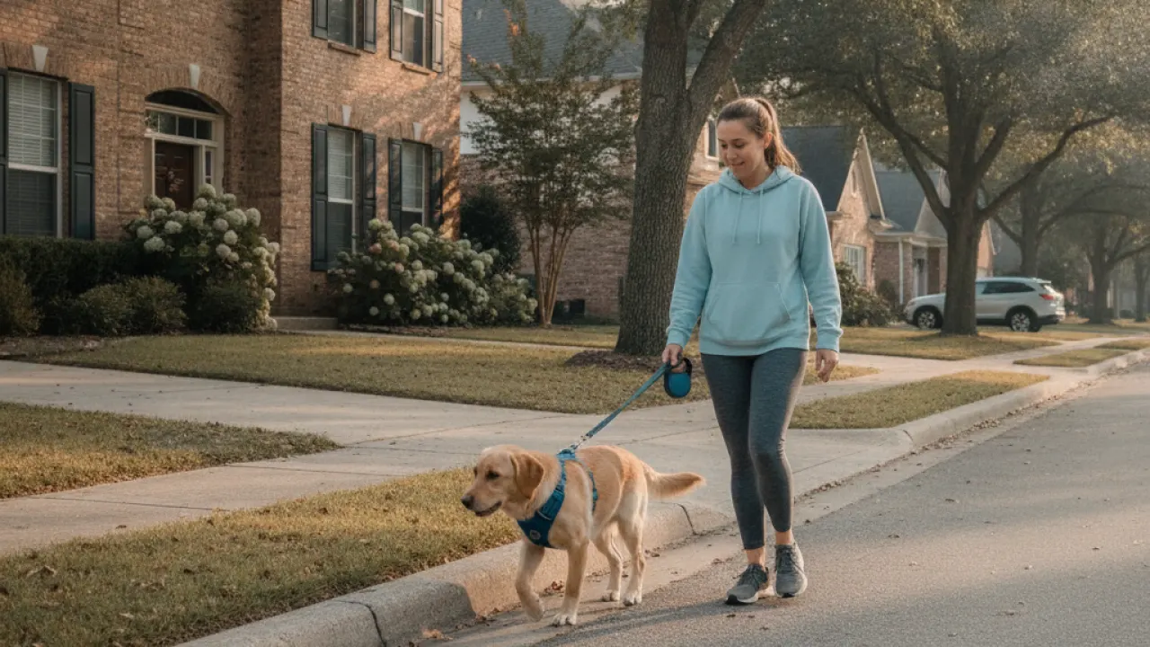 Labrador retriever walking with owner on a quiet sidewalk