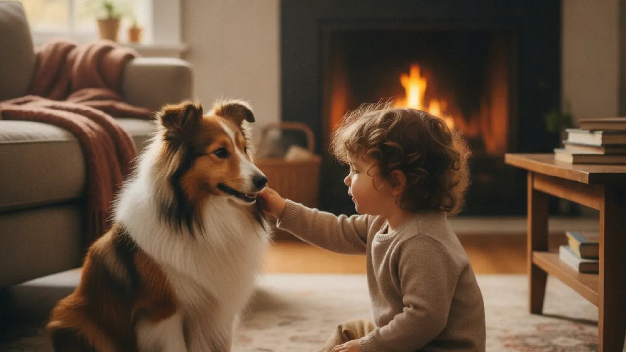 Shetland Sheepdog being petted by a child in a warm home