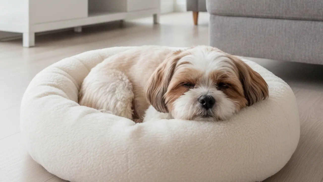 Shih tzu sitting in a dog bed inside an apartment