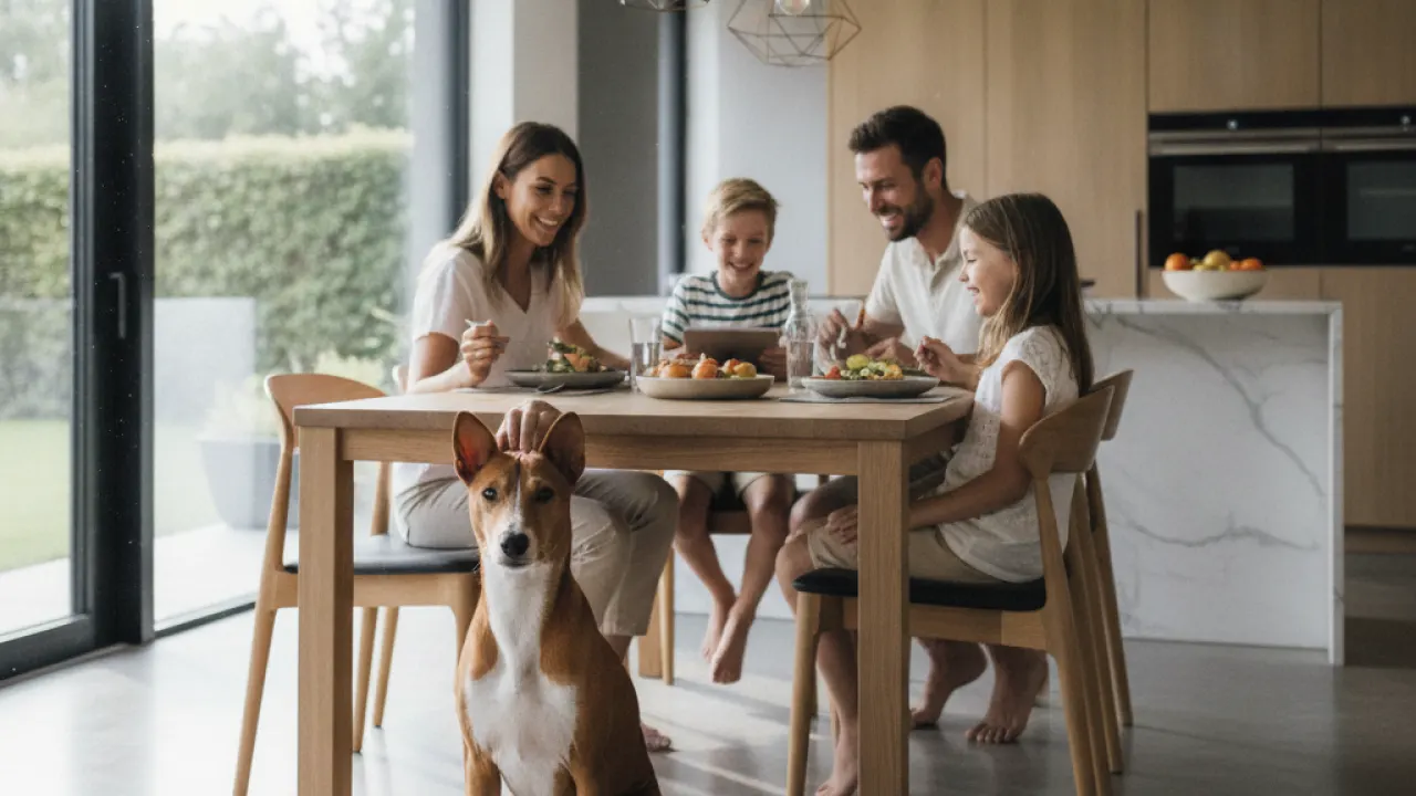 Basenji dog sitting calmly beside a family at a kitchen table