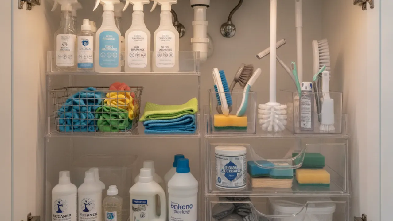 Bathroom cleaning products organized under sink, practical cleaning system