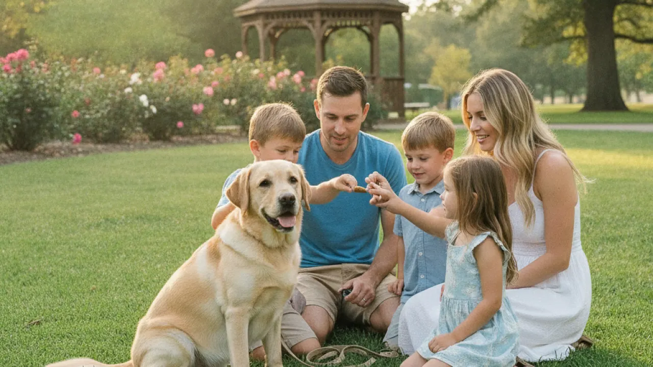 Labrador Retriever sitting during family obedience training