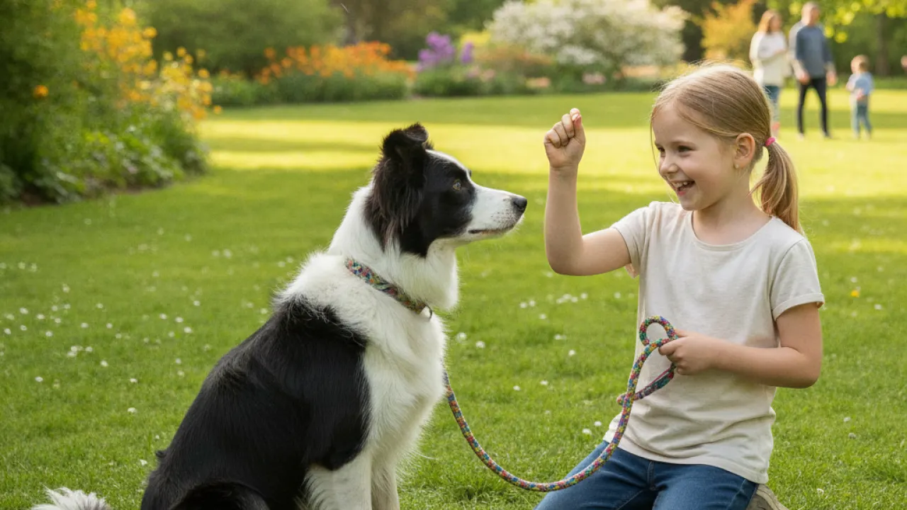 Border Collie learning commands from a child in a park